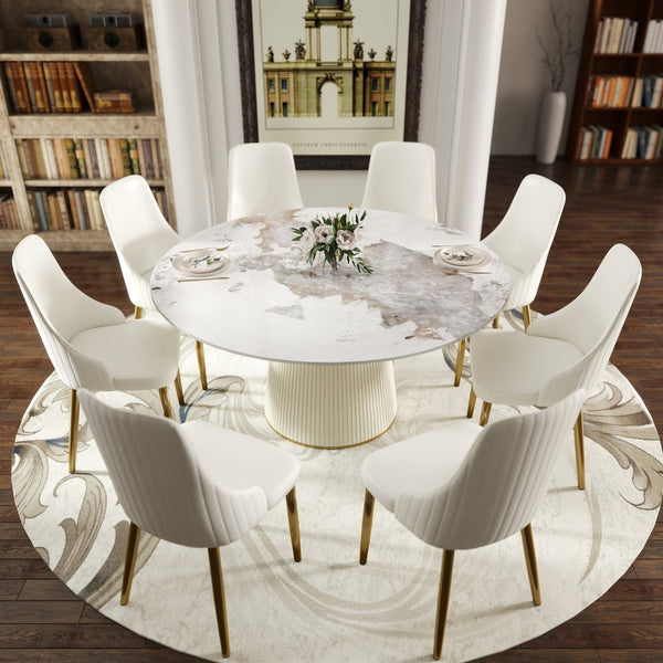 English Elm 59.05 Inch Round Sintered Stone Dining Table Seats 8 with Sculptural Beige PU Base W1535S00715