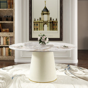 English Elm 59.05 Inch Round Sintered Stone Dining Table Seats 8 with Sculptural Beige PU Base W1535S00715