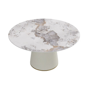 English Elm 59.05 Inch Round Sintered Stone Dining Table Seats 8 with Sculptural Beige PU Base W1535S00715
