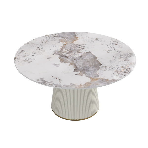 English Elm 59.05 Inch Round Sintered Stone Dining Table Seats 8 with Sculptural Beige PU Base W1535S00715
