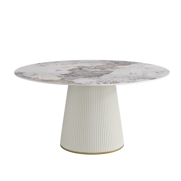 English Elm 59.05 Inch Round Sintered Stone Dining Table Seats 8 with Sculptural Beige PU Base W1535S00715