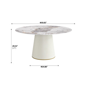 English Elm 59.05 Inch Round Sintered Stone Dining Table Seats 8 with Sculptural Beige PU Base W1535S00715