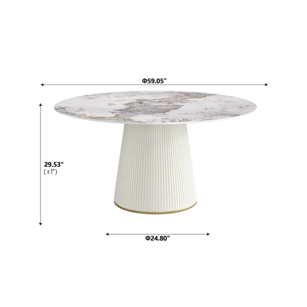 English Elm 59.05 Inch Round Sintered Stone Dining Table Seats 8 with Sculptural Beige PU Base W1535S00715