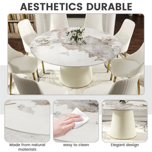 English Elm 59.05 Inch Round Sintered Stone Dining Table Seats 8 with Sculptural Beige PU Base W1535S00715