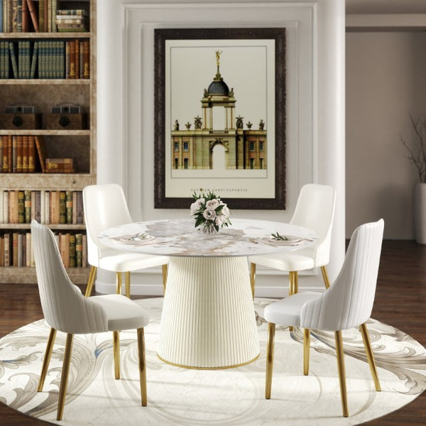 English Elm 53" Round Sintered Stone Dining Table Brass Base Lazy Susan Seats Six Modern W1535S00716