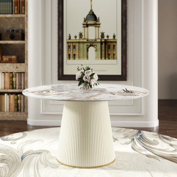 English Elm 53" Round Sintered Stone Dining Table Brass Base Lazy Susan Seats Six Modern W1535S00716