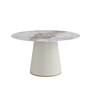 English Elm 53" Round Sintered Stone Dining Table Brass Base Lazy Susan Seats Six Modern W1535S00716