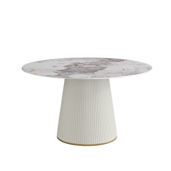 English Elm 53" Round Sintered Stone Dining Table Brass Base Lazy Susan Seats Six Modern W1535S00716
