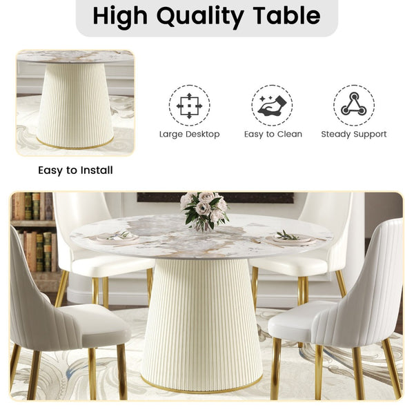 English Elm 53" Round Sintered Stone Dining Table Brass Base Lazy Susan Seats Six Modern W1535S00716