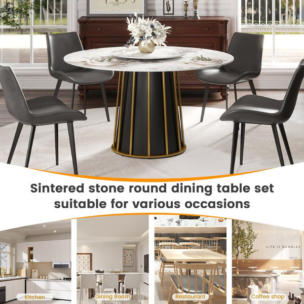 English Elm 53" Round Sintered Stone Dining Table Brass Base Lazy Susan Seats Six Modern W1535S00717
