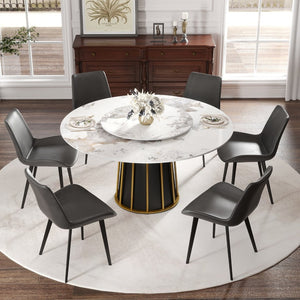 English Elm 53" Round Sintered Stone Dining Table Brass Base Lazy Susan Seats Six Modern W1535S00717