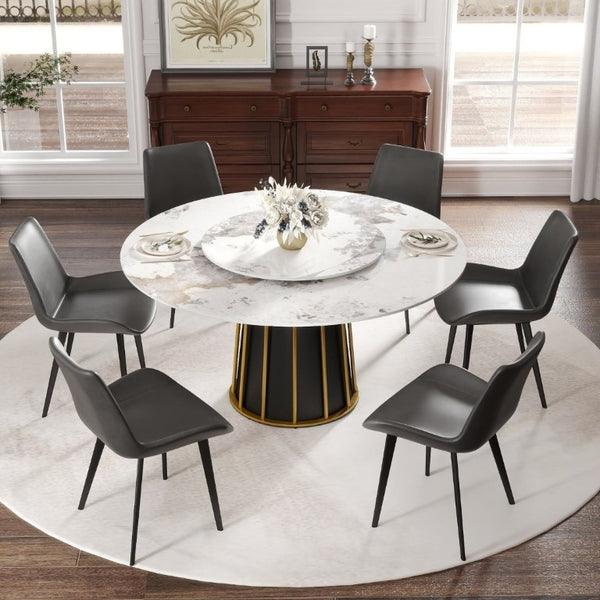 English Elm 53.15Modern Sintered Stone Round Dining Table with Lazy Susan Seats Six Iron Base W1535S00717