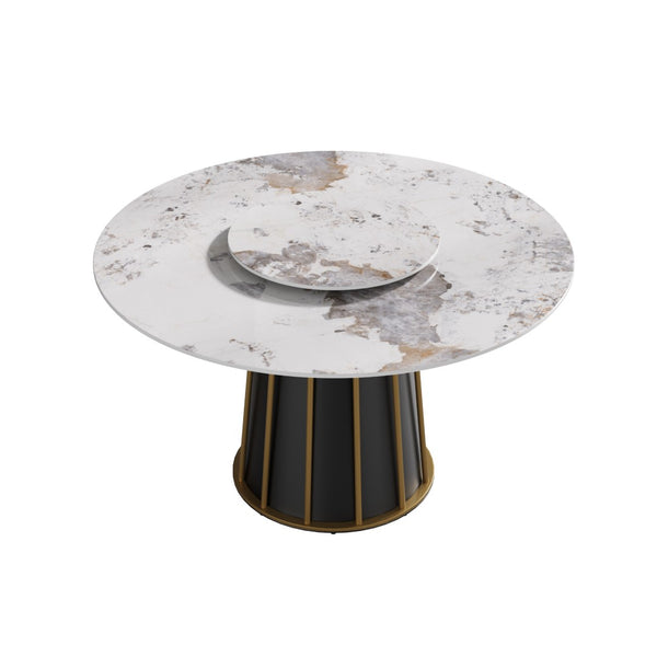 English Elm 53" Round Sintered Stone Dining Table Brass Base Lazy Susan Seats Six Modern W1535S00717