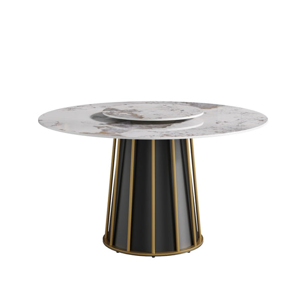 English Elm 53" Round Sintered Stone Dining Table Brass Base Lazy Susan Seats Six Modern W1535S00717