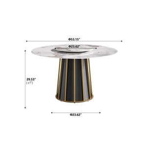 English Elm 53" Round Sintered Stone Dining Table Brass Base Lazy Susan Seats Six Modern W1535S00717