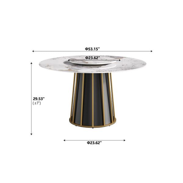 English Elm 53" Round Sintered Stone Dining Table Brass Base Lazy Susan Seats Six Modern W1535S00717