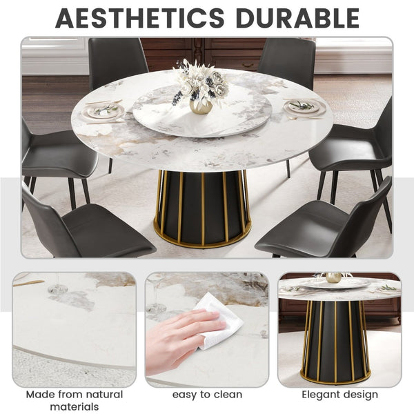 English Elm 53" Round Sintered Stone Dining Table Brass Base Lazy Susan Seats Six Modern W1535S00717