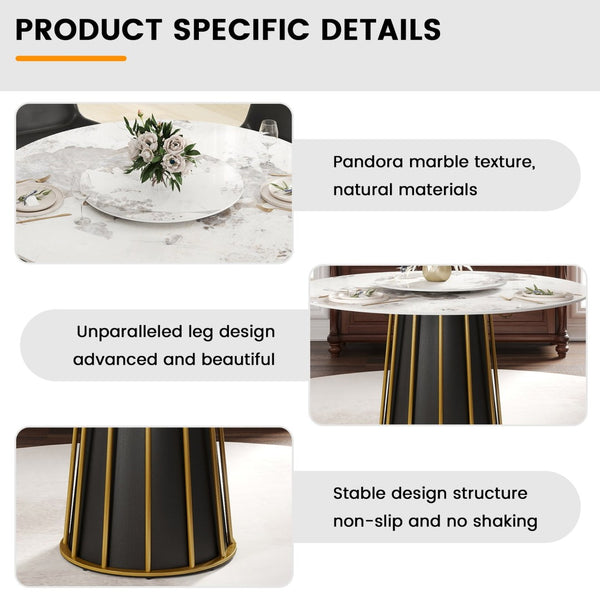 English Elm 53" Round Sintered Stone Dining Table Brass Base Lazy Susan Seats Six Modern W1535S00717