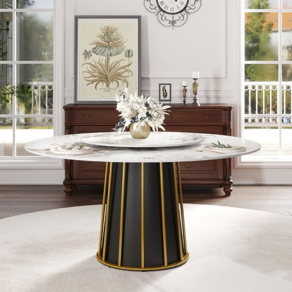 English Elm 59.05Modern Sintered Stone Round Dining Table with Lazy Susan Iron Pedestal Seats Eight W1535S00718