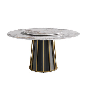 English Elm 59.05Modern Sintered Stone Round Dining Table with Lazy Susan Iron Pedestal Seats Eight W1535S00718
