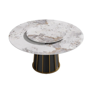 English Elm 59.05Modern Sintered Stone Round Dining Table with Lazy Susan Iron Pedestal Seats Eight W1535S00718