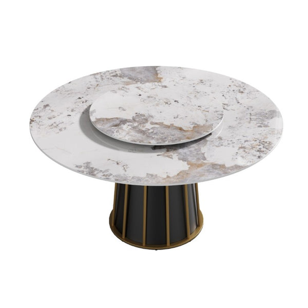 English Elm 59.05Modern Sintered Stone Round Dining Table with Lazy Susan Iron Pedestal Seats Eight W1535S00718