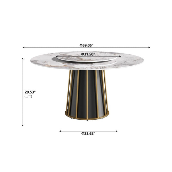 English Elm 59.05Modern Sintered Stone Round Dining Table with Lazy Susan Iron Pedestal Seats Eight W1535S00718