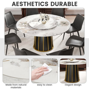 English Elm 59.05Modern Sintered Stone Round Dining Table with Lazy Susan Iron Pedestal Seats Eight W1535S00718