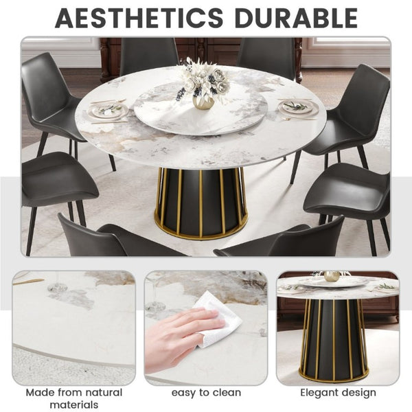 English Elm 59.05Modern Sintered Stone Round Dining Table with Lazy Susan Iron Pedestal Seats Eight W1535S00718