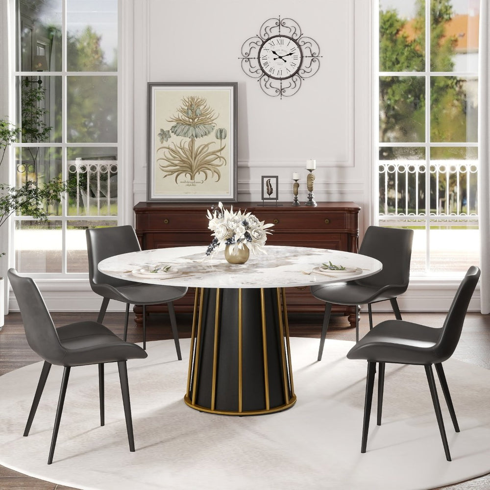 English Elm 59.05Modern Sintered Stone Round Dining Table Seats 8 with Sculptural Iron Pedestal Base W1535S00719