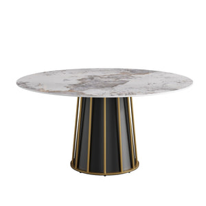 English Elm 59.05Modern Sintered Stone Round Dining Table Seats 8 with Sculptural Iron Pedestal Base W1535S00719