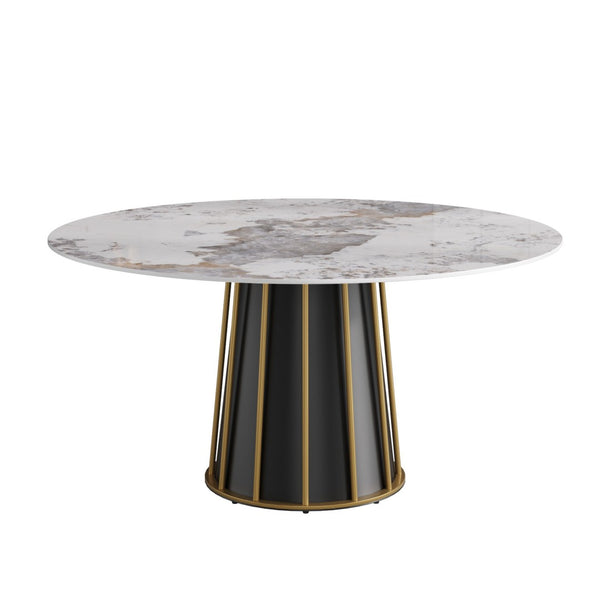 English Elm 59.05Modern Sintered Stone Round Dining Table Seats 8 with Sculptural Iron Pedestal Base W1535S00719
