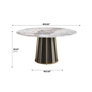 English Elm 59.05Modern Sintered Stone Round Dining Table Seats 8 with Sculptural Iron Pedestal Base W1535S00719