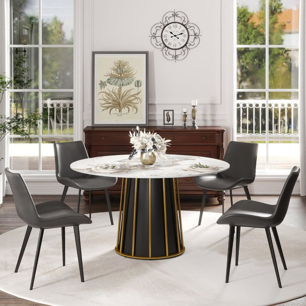 English Elm 53" Round Sintered Stone Dining Table Brass Base Lazy Susan Seats Six Modern W1535S00720