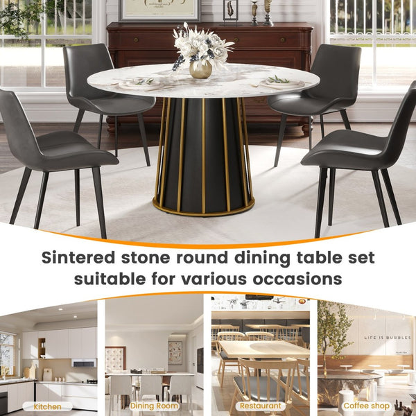 English Elm 53" Round Sintered Stone Dining Table Brass Base Lazy Susan Seats Six Modern W1535S00720