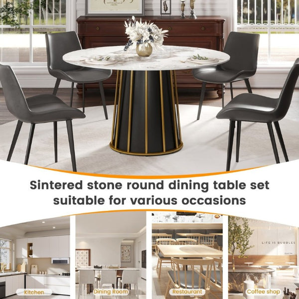 English Elm 53.15Modern Sintered Stone Round Dining Table Seats 6 with Sculptural Iron Pedestal Base W1535S00720