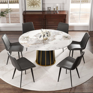 English Elm 53" Round Sintered Stone Dining Table Brass Base Lazy Susan Seats Six Modern W1535S00720