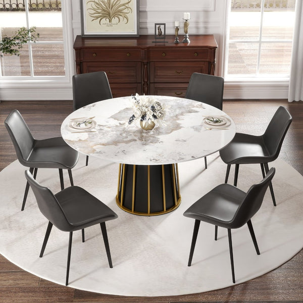 English Elm 53" Round Sintered Stone Dining Table Brass Base Lazy Susan Seats Six Modern W1535S00720