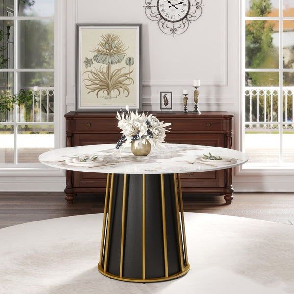 English Elm 53" Round Sintered Stone Dining Table Brass Base Lazy Susan Seats Six Modern W1535S00720