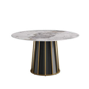 English Elm 53" Round Sintered Stone Dining Table Brass Base Lazy Susan Seats Six Modern W1535S00720