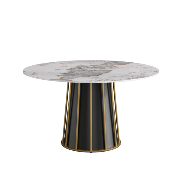 English Elm 53" Round Sintered Stone Dining Table Brass Base Lazy Susan Seats Six Modern W1535S00720