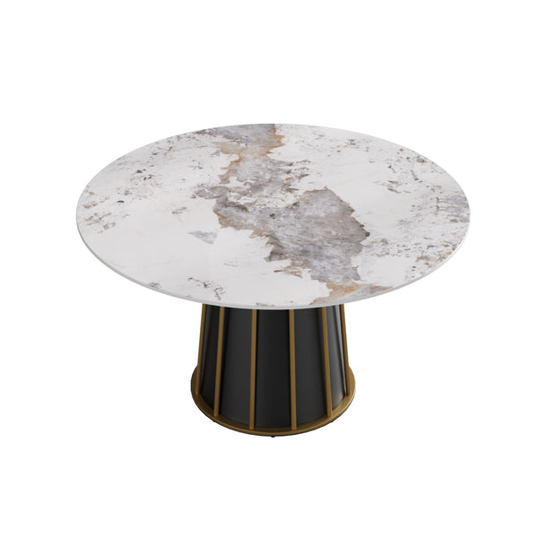 English Elm 53" Round Sintered Stone Dining Table Brass Base Lazy Susan Seats Six Modern W1535S00720