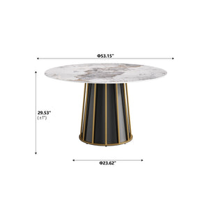 English Elm 53" Round Sintered Stone Dining Table Brass Base Lazy Susan Seats Six Modern W1535S00720