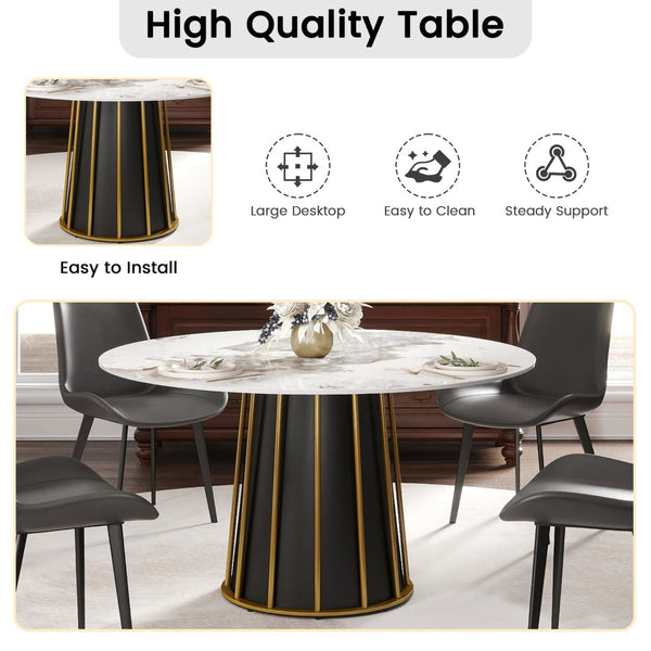English Elm 53" Round Sintered Stone Dining Table Brass Base Lazy Susan Seats Six Modern W1535S00720