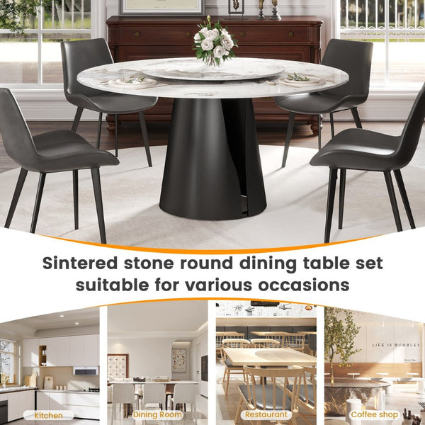 English Elm 59.05Modern Sintered Stone Round Dining Table with Lazy Susan Seats 8 Carbon Steel Base W1535S00722