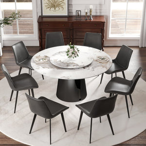 English Elm 59.05Modern Sintered Stone Round Dining Table with Lazy Susan Seats 8 Carbon Steel Base W1535S00722