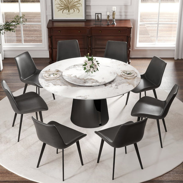 English Elm 59.05Modern Sintered Stone Round Dining Table with Lazy Susan Seats 8 Carbon Steel Base W1535S00722