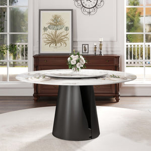 English Elm 59.05Modern Sintered Stone Round Dining Table with Lazy Susan Seats 8 Carbon Steel Base W1535S00722