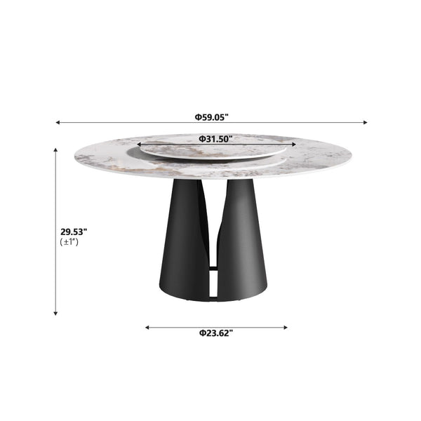 English Elm 59.05Modern Sintered Stone Round Dining Table with Lazy Susan Seats 8 Carbon Steel Base W1535S00722