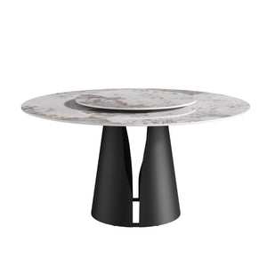 English Elm 59.05Modern Sintered Stone Round Dining Table with Lazy Susan Seats 8 Carbon Steel Base W1535S00722
